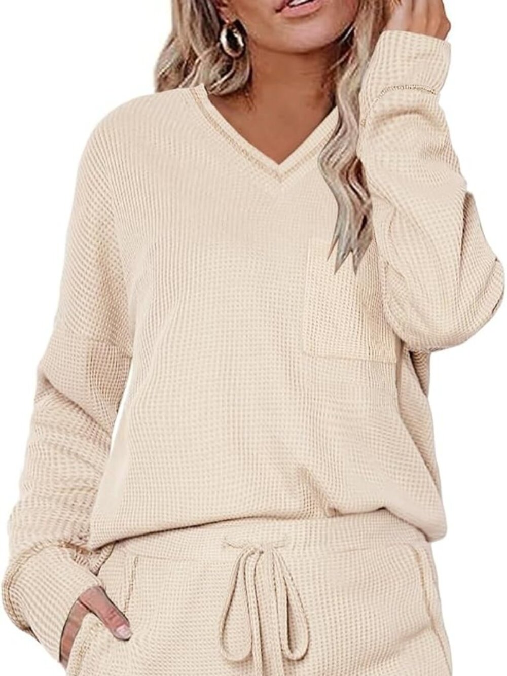 NWOT 2 Piece Set - Long Sleeve Loungewear Oversized/Maternity Pajamas, Beige, L